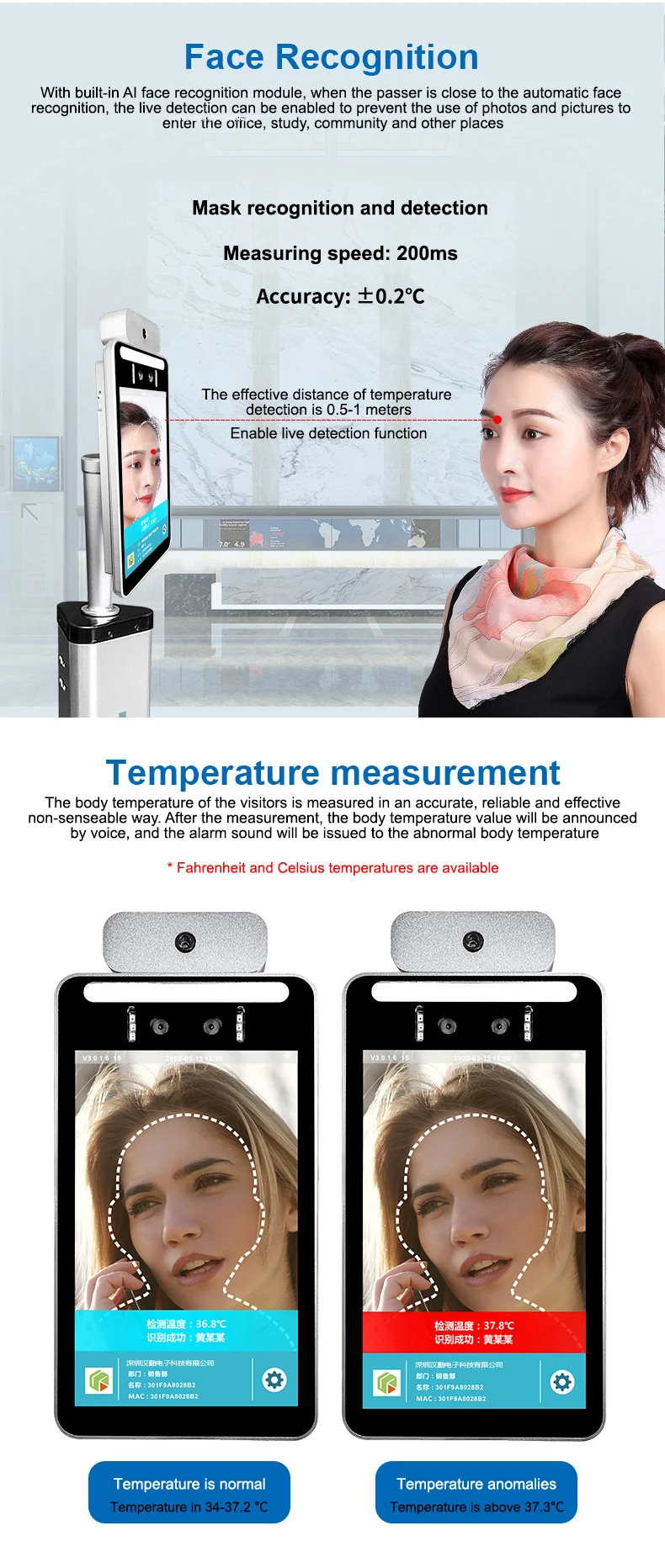 WIFI Body Temperature Face Recognize Thermo imaging system Camera Thermography imaging Access control non contact Voice alarm