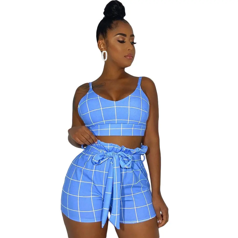 

2020 women two pieces casual set summer sleeveless top&short pants plaid printed, Pink yellow blue green or customized