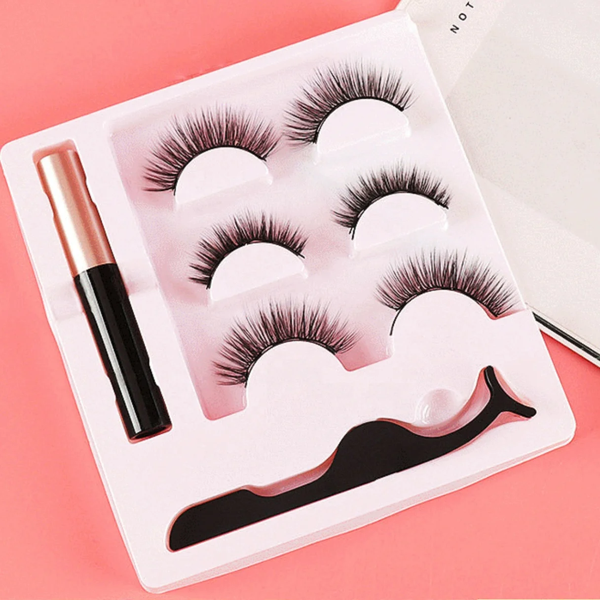

sell like hot cakes Three pairs of 3D glue free self adhesive Magnetic False Eyelash Liquid Eyeliner kit Set for distributor, Natural black