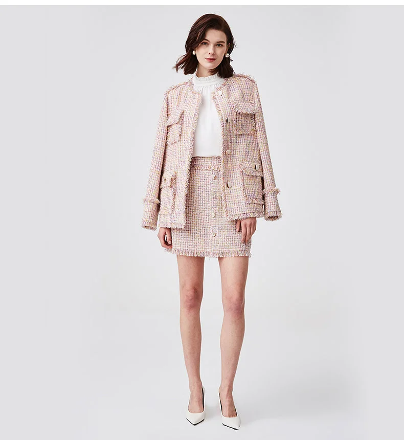 Naivee neue französische Damen-Tweed-Jacke, Temperament, Wind, heller Seiden-Tweed-Damen-Anzugsmantel aus rosafarbenem Tweed