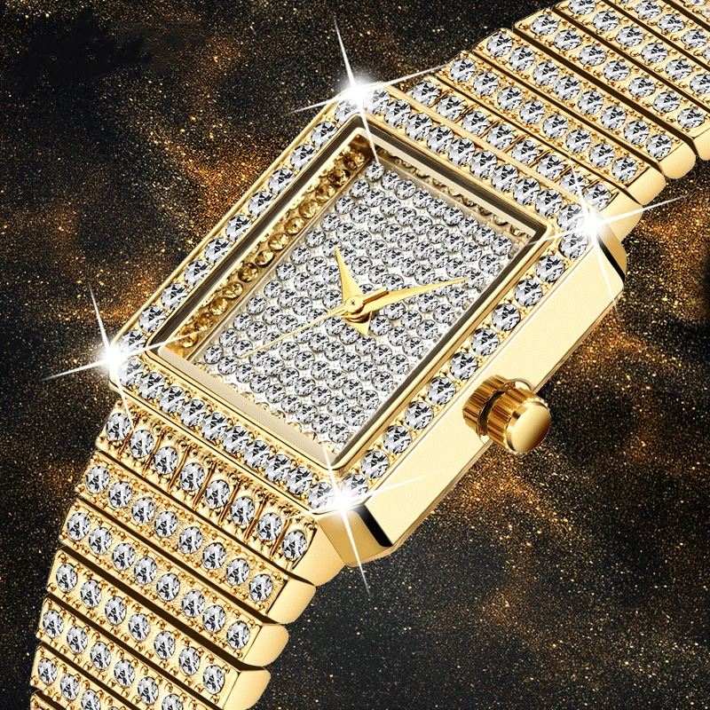 

Gold Plated Square Box Watch With Iced out Diamond Unique Female Gift For Wedding Party Engagement, 2 colors