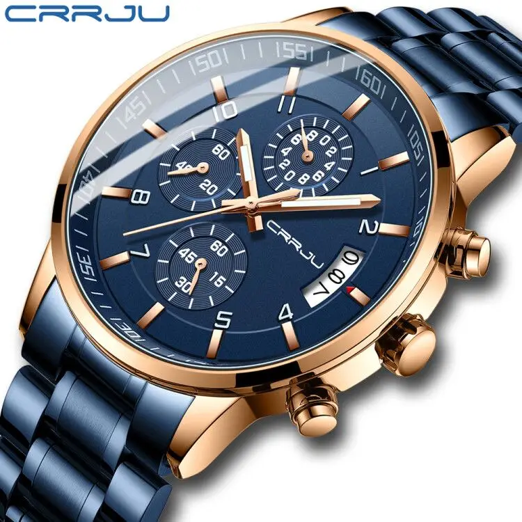 

Amazon hotsell CRRJU 2214 original manufacturer brand full stainless steel chronograph men luxury watch reloj, 17 colors