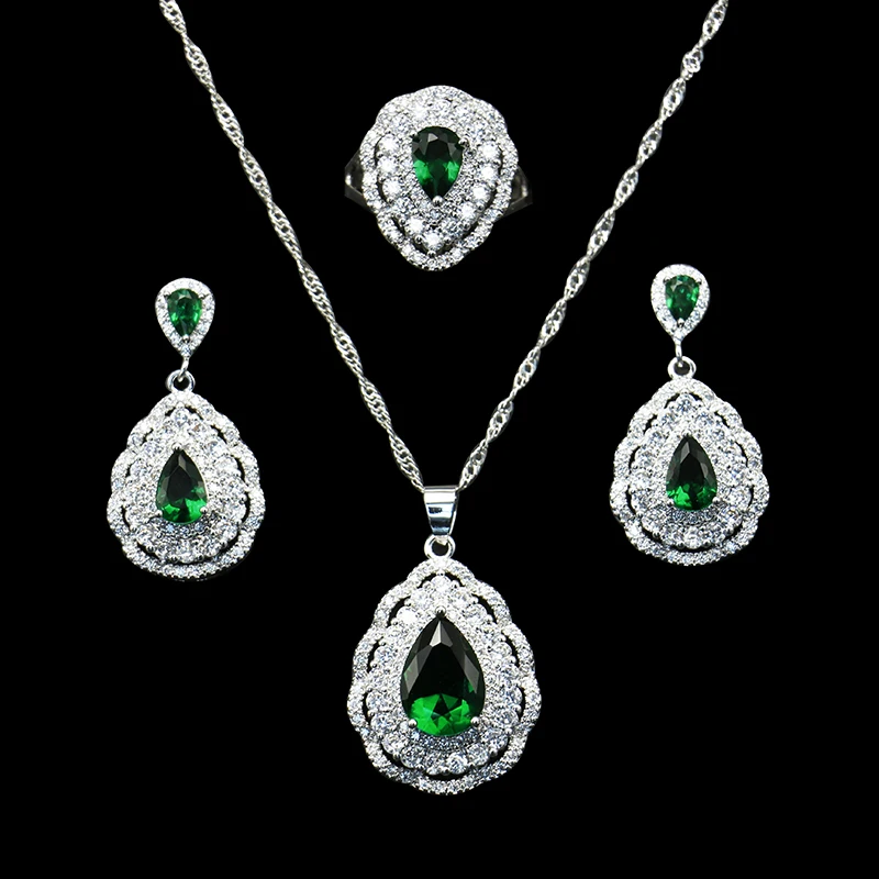 

2020 new design water drop shaped green big stone rainbow platinum necklace jewelry set for women party wedding gift, Picture shows