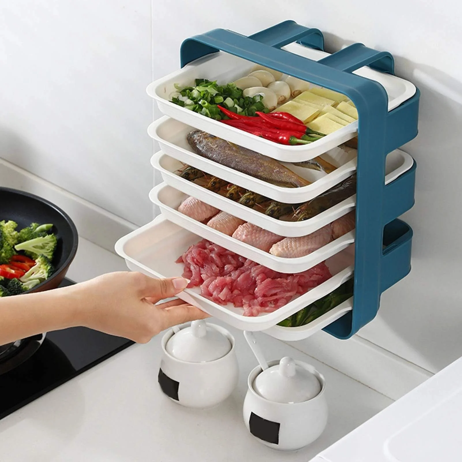 

New Creative Wall-mounted Kitchen Food Storage Organizer Stackable Cooking Plate Fruit Hot Pot Side Dish Plate Serving Tray