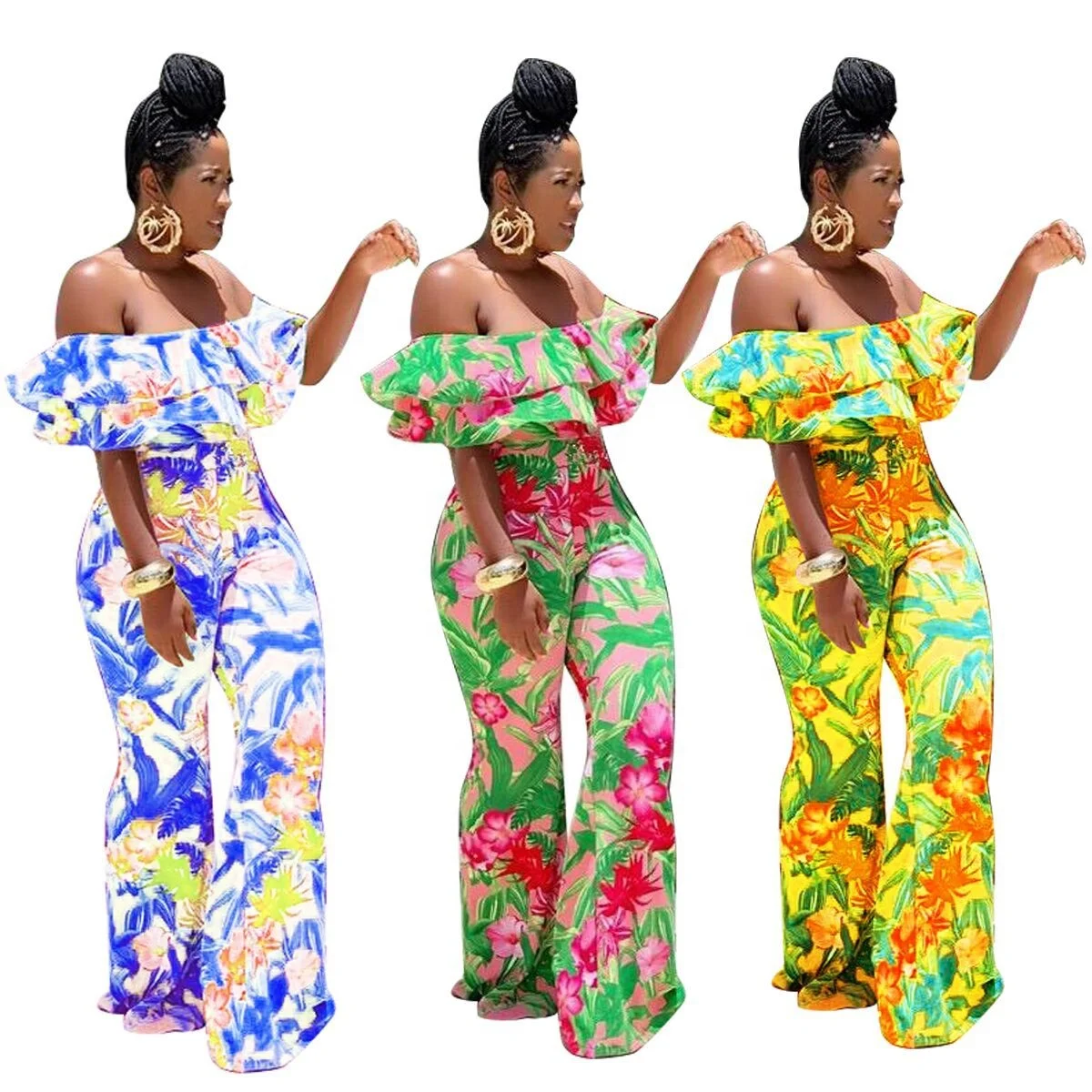 

Fall Jumpsuits 2021 Fashion Ladies Casual Outfits Printed Wide Leg Rompers Womens Long Pants One Piece One Shoulder Jumpsuit