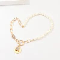 

Lock Pendant Padlock Charm Necklace Women Jewelry Gift Statement Necklace Alloy Pearl Bead Chain Necklace