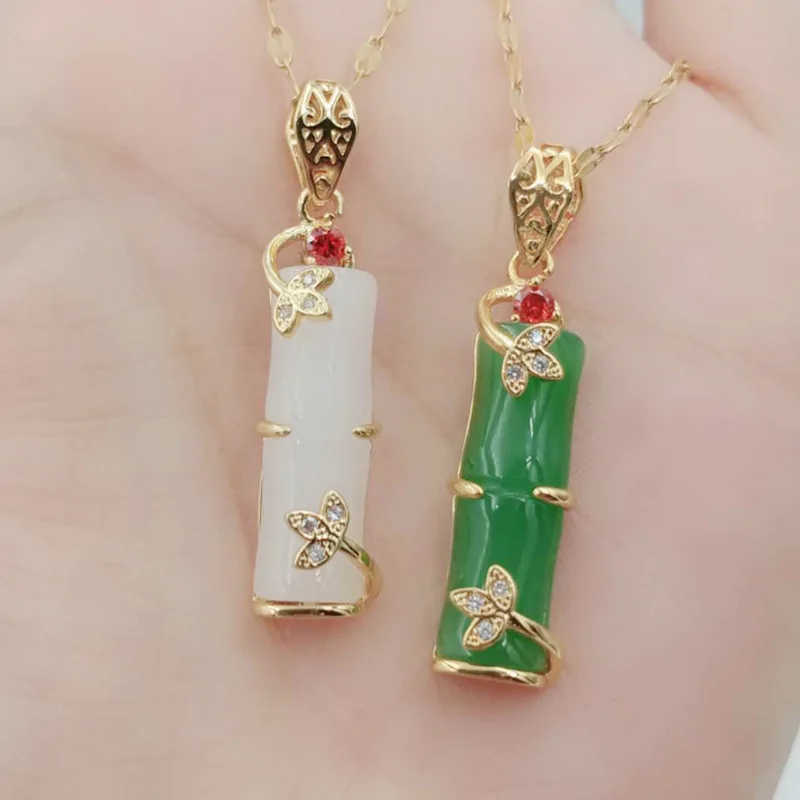 

Gold Plated Stainless Steel Necklace Jewelry Long Bamboo Shape Natural Stone Jade Pendant Necklace for Women