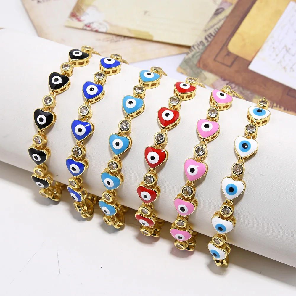 

RisingMoon Evil Eye Bracelets Copper Zircon Jewelry 6 Colors Love Heart Enamel Demon Eyes Bracelet