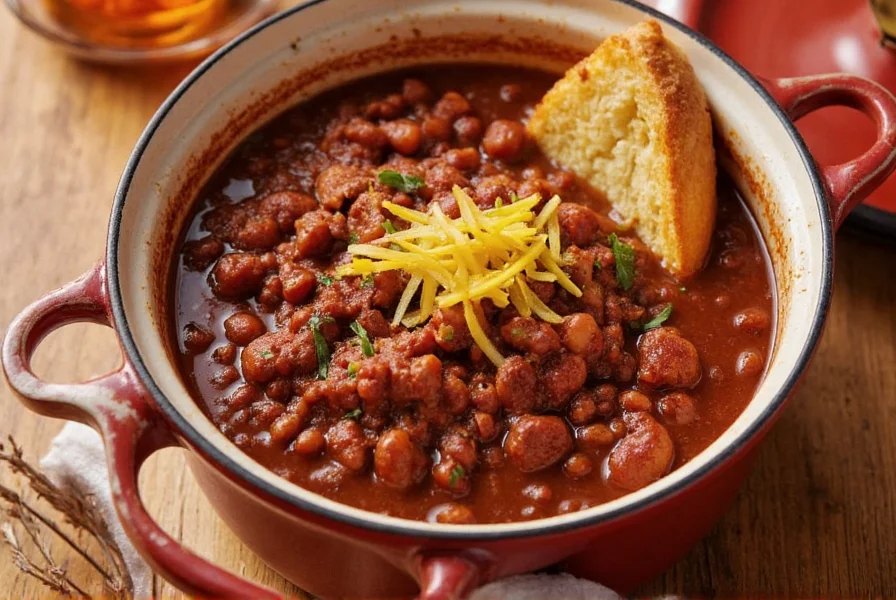 Traditional Dixon's chili served in a cast iron pot with garnishes