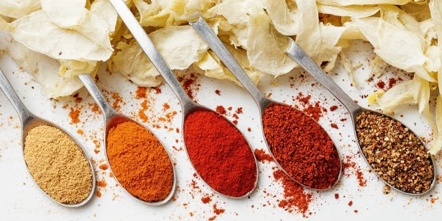 A colorful array of Asian spices including star anise, turmeric, galangal, and chili flakes
