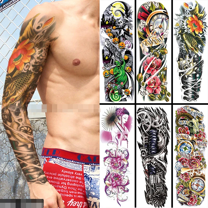 

Custom Waterproof Temporary Tattoo Sticker Full Arm Large Skull Tatoo Stickers Flash Fake Tattoos for Men Women, Colourful
