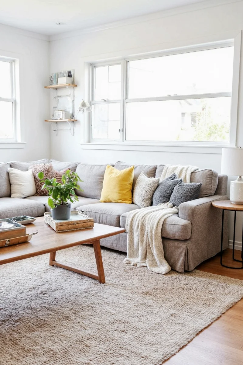 Beautifully styled living room with multiple throws and blankets