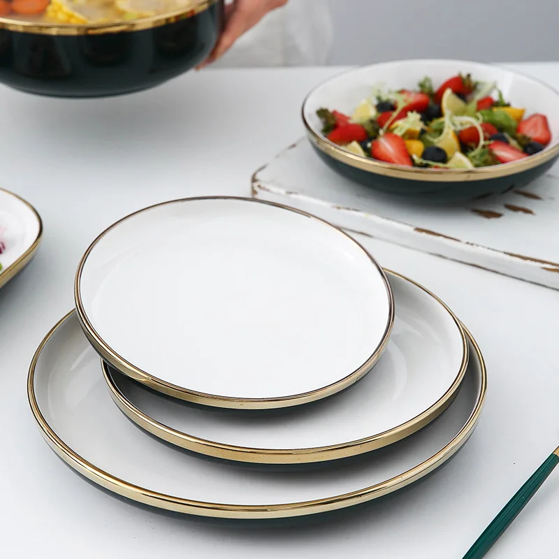 

High Quality Luxury Gold Rim White Porcelain Ceramic Kitchen Utensil Plate Dish Bowl Dinner Dinnerware Set, Black