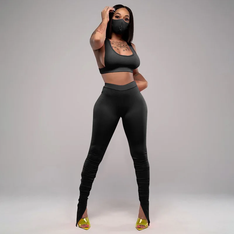

Ribbed Sleeveless Backless Tops Slit Stacked Leggings 2 Pieces Sports Wear Two Piece Pants Set Women Tracksuit Outfits B1373