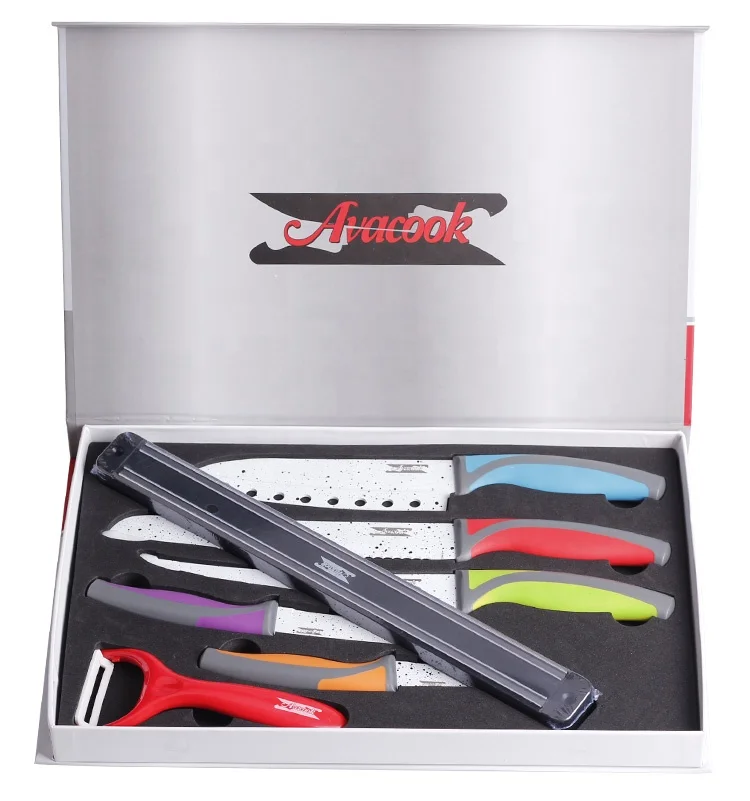 
2020 New Arrival Stainless Steel Kitchen Chef Knife 5 Pcs Non-stick Painting Knives Set with Knife Strip Holder 