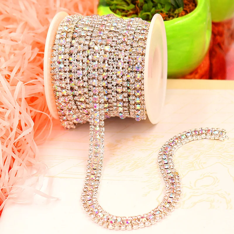 SS8 3 Rows Crystal AB Close Rhinestone Cup Chain With Gold Base Rhinestone Trimming For Garment Accessories