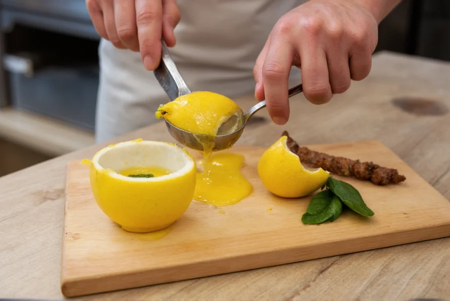Chef's hands preparing yuzu ponzu sauce with fresh yuzu fruits and ingredients in professional kitchen