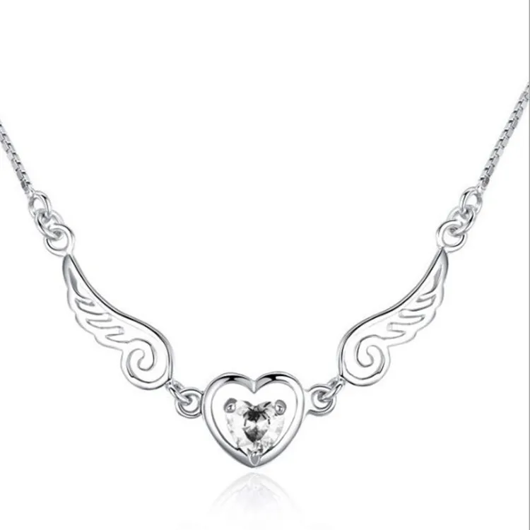 

Korean Trendy Fashion Angel Crystal Necklace Love Heart Pendant Clavicle Chain Plating Alloy Lady Necklace Jewelry, Gold/silver color