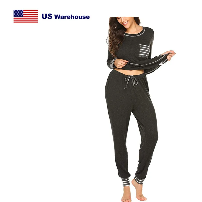 

Cotton Polyester Spandex USA STOCK Fast Dispatch Luxury loungewear set women O-neck long sleeve knit Drawstring sleepwear