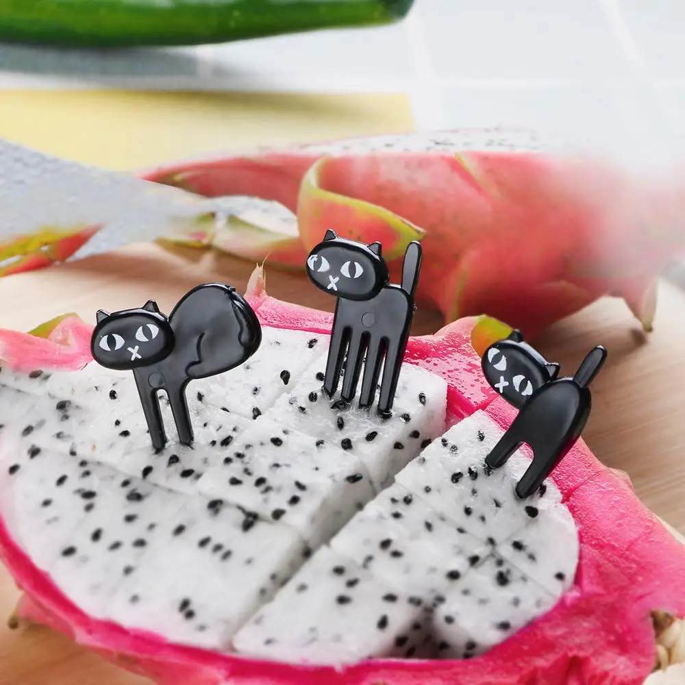 

Toothpick Tableware Mini Cartoon 6pcs/pack Black Cat Fruit Fork Snack Cake Dessert Food Fork Party Decor, As photo