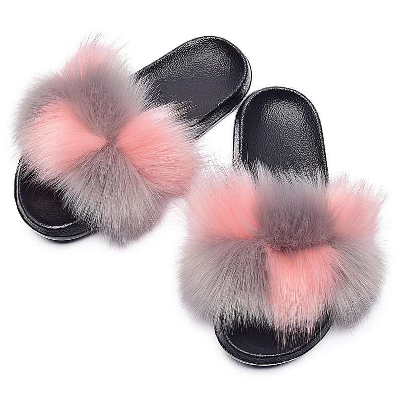 

Free Shipping Fox Slippers Women'd Sandals Custom Colors Pom Faux Fur Slides For Women And Ladies, Picture