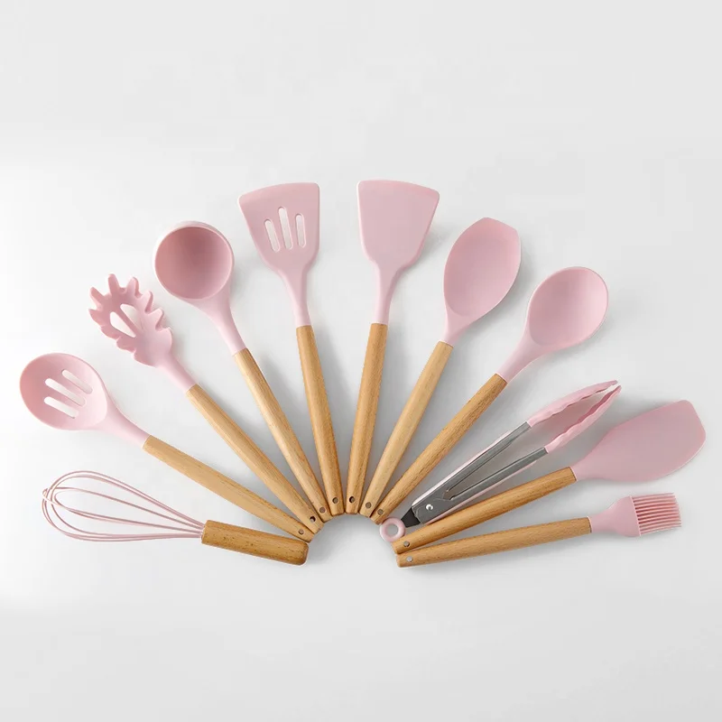 

Amazon hot sell 12pcs Silicone Cooking Utensils Kitchen Utensil Set beech wood handles cooking tools set, Pink