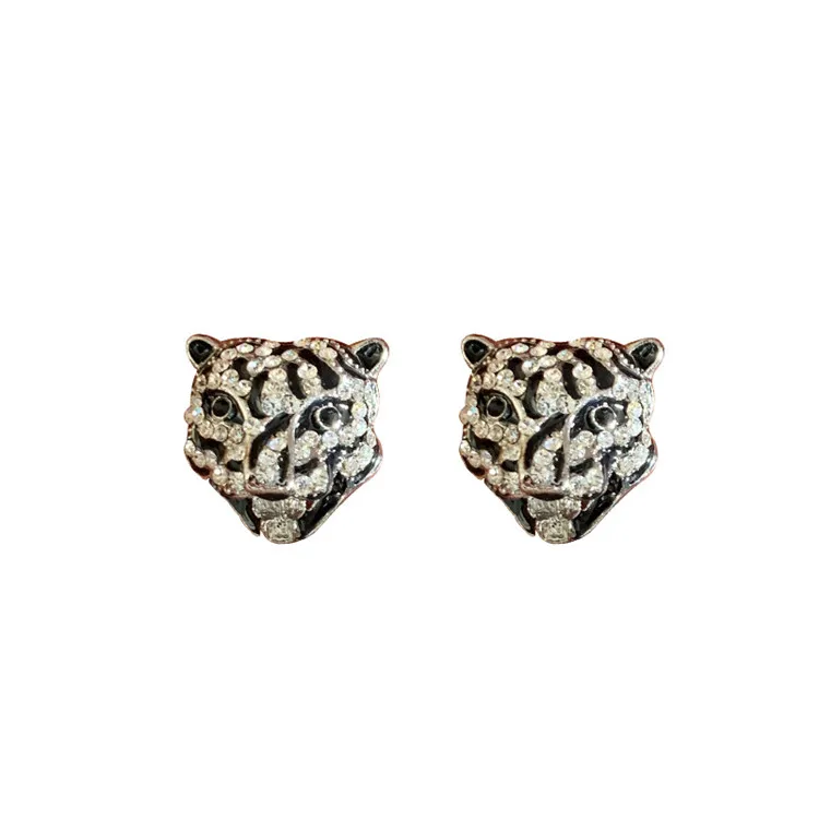 

3D Antique Diamond Animal Tiger Head Earrings Vintage Leopard Crystal Panther Head Stud Earrings, As picture