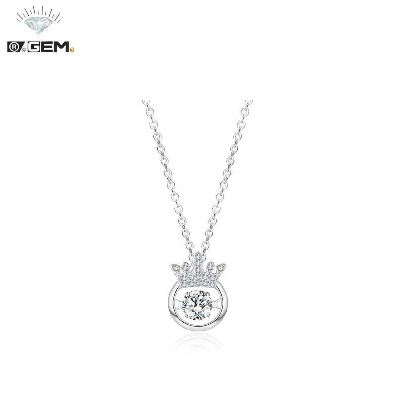 

R.Gem. Birthday Gift Queen Crown Shape Dancing 925 Sterling Silver Pendant Necklace, Platinum or rose gold