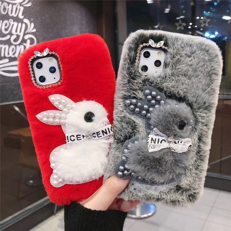 

Girls cute animal design bear rabbit fur diamond pearl ears furry mink fluffy mobile phone case for iPhone 11 pro max, Multiple fur plush pearl tpu winter phone case for iphone 11