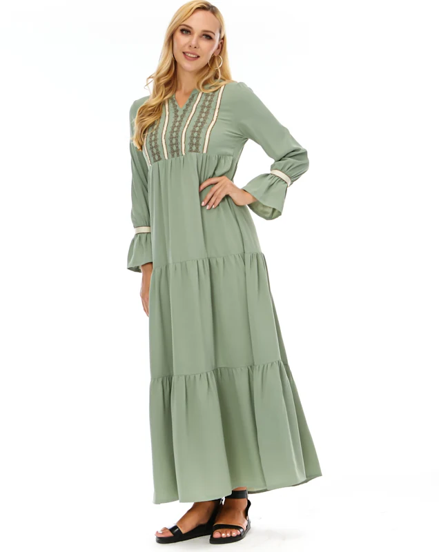 

Wholesale islamic clothing embroidered muslim women long dress flare sleeve layered maxi long dress for summer, Khaki/green/rust orange/pink purple