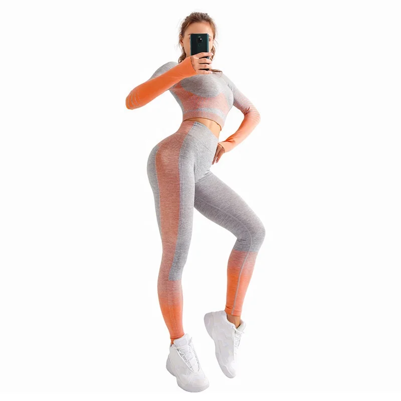 

Logo Leisure Striped Butt Lift Active Wear Legging Fashion Sport Casual 2 Piece Long Sleeves Elastic Fitness Seamless Yoga Suit, Blue, orange, pink, green or custom color