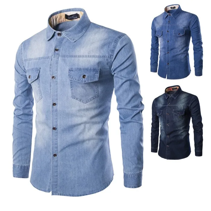 

Fashion Men Wash Denim Jeans Shirt Long Sleeves Autumn Shirt Casual Top, Shown