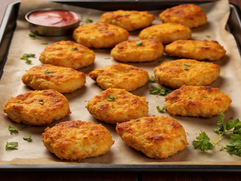 Oven-baked chicken nuggets on baking sheet with herbs