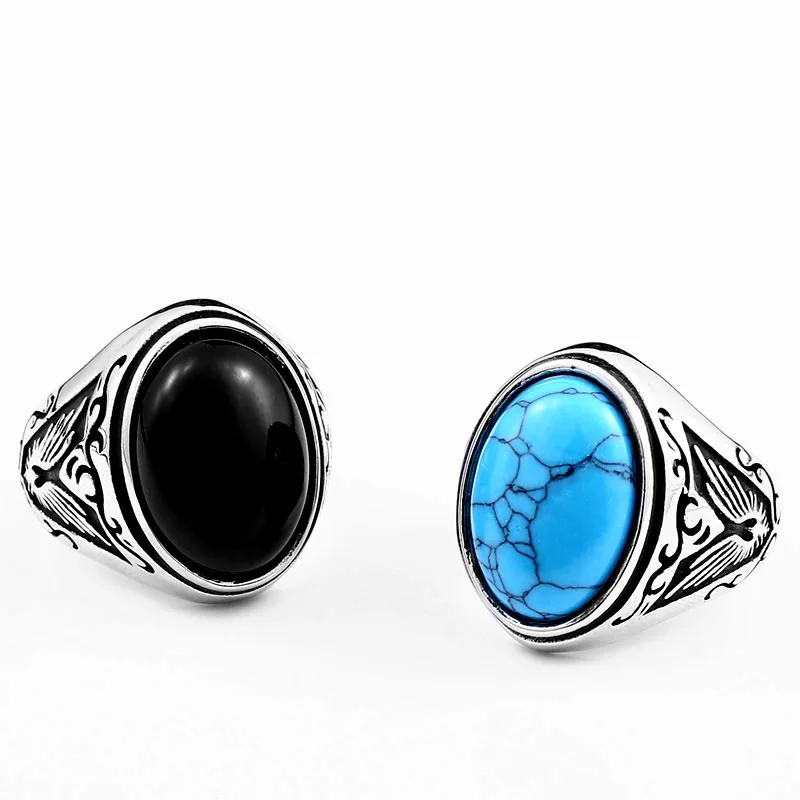 

Customized Trendy Men Black Blue Gemstone Finger Jewelry Stainless Steel Ring Men Vintage