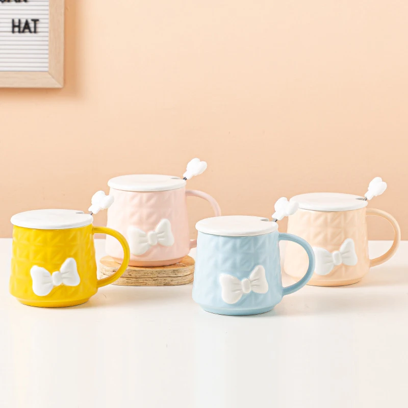 

2021 Creative girl style milk mugs 3D bow design mugs with spoon, As pciture