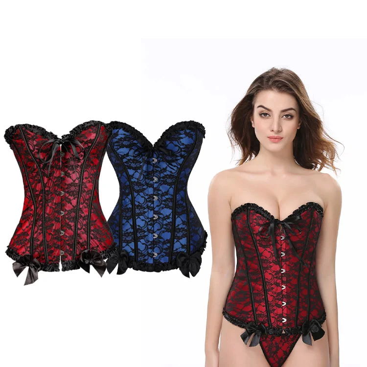 

Lace up Sexy Overbust Corset Shapewear For Women Bodysuit Top Bustiers Floral, Red/blue(other colors can be customized)