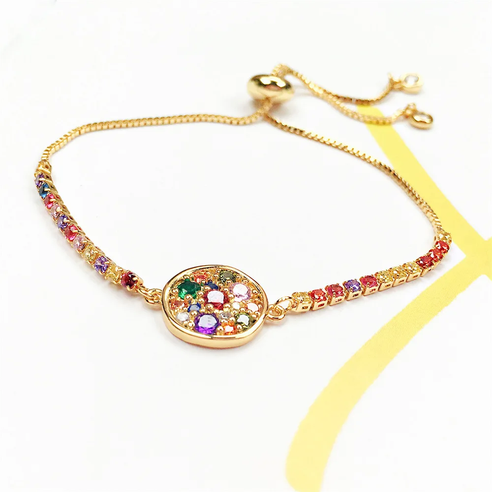 

Ins Trendy 18k Gold Plated Rainbow Color Crystal Tennis Chain Sliding Bracelet Inlaid Colorful CZ Zircon Disc Slider Bracelet