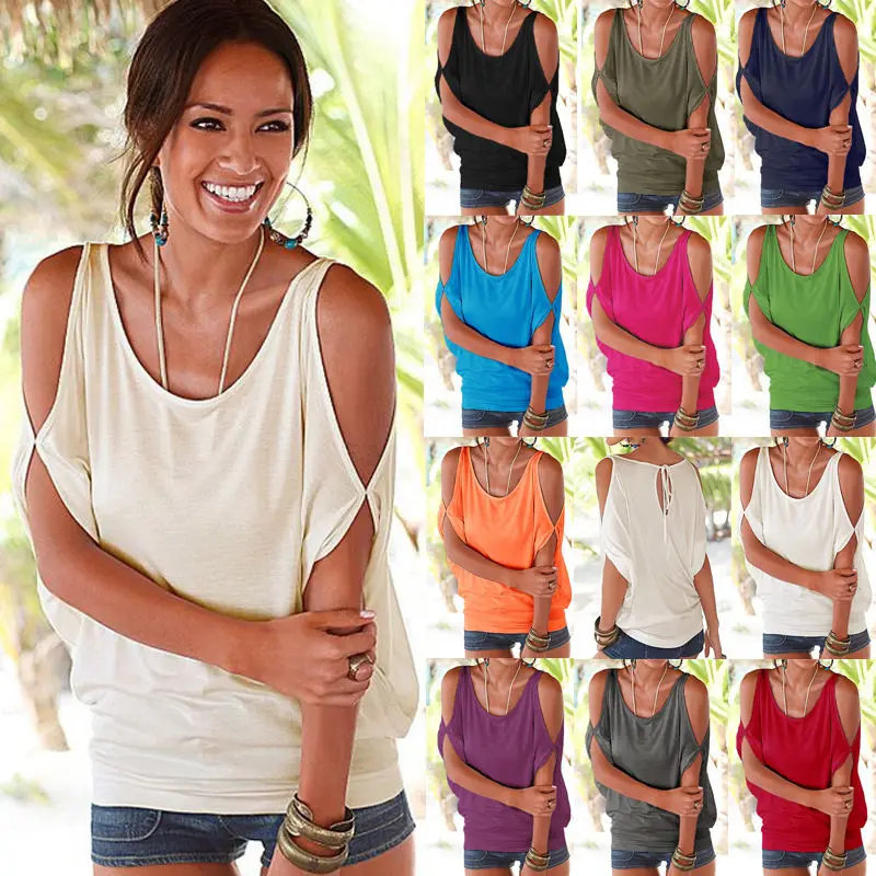 

GHX3725 Wholesale hot sale 100% cotton solid color off the shoulder loose batwing summer tops women casual t shirts