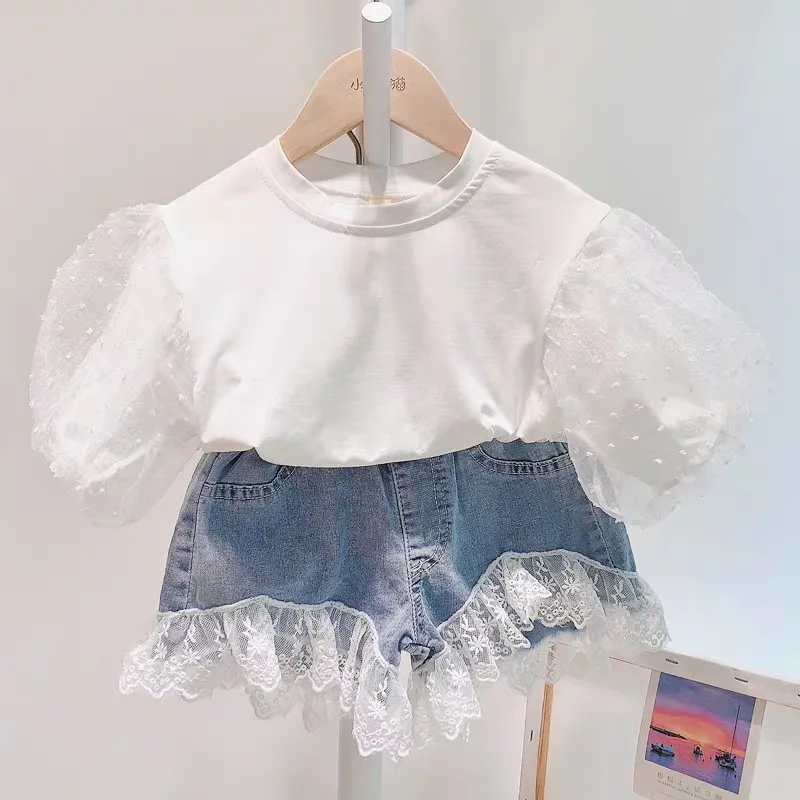 

2020 New Summer Kids Clothes Set White Lace Short Sleeve Shirt+ Denim Lace Shorts 2 pcs Clothing Set for 2-6T, As photos