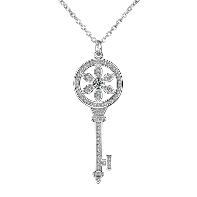 

New Key Necklace snowflake petal Flowers Bling shine Holiday gift Female Zircon 925 Sterling Silver Fashion Pendant necklace, Silver color