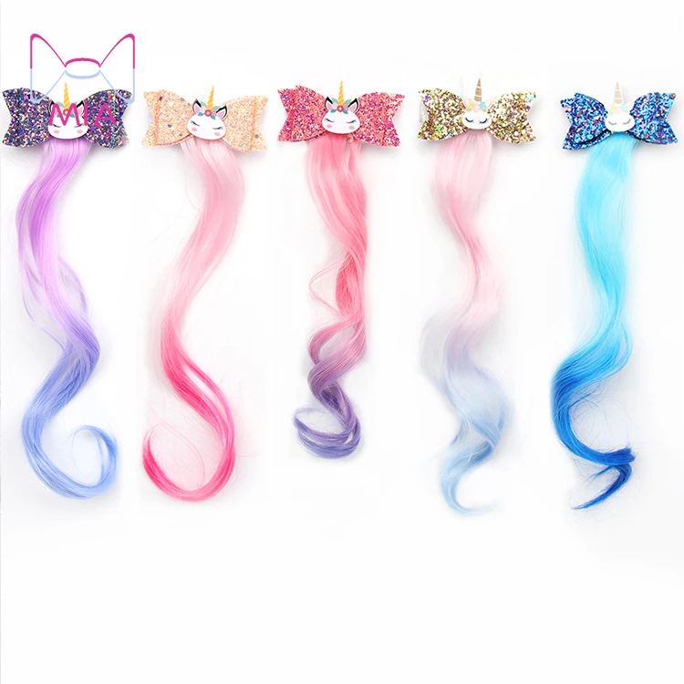 

Free Shipping 3" Unicorn Hair Clip For Girls Long Wig Ponytails Glitter Hair Bows Kid Hairpins Hair Barrettes Accessories, Picture shows