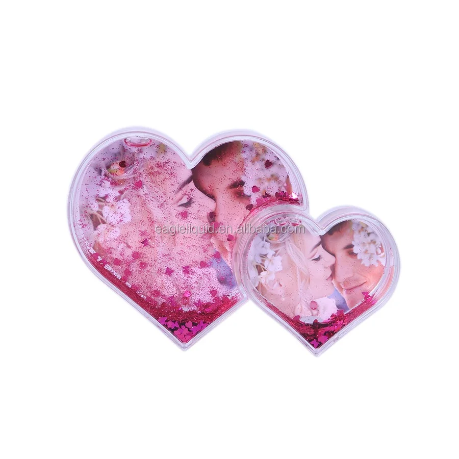 

DIY Love Gift Plastic Double Heart Shape Picture Snow Globe Glitter Heart Photo Frame, Clear acrylic, colorful glitters