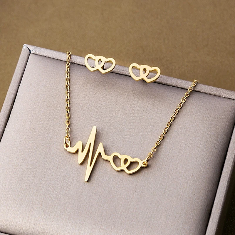 Fashion Love Heart Heartbeat Jewellery Set Gold Color Stainless Steel Necklace Earrings For Women Girls