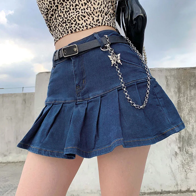 

Fall New Arrival Women's Retretro Washed Denim Skirt High-waisted Slim A-line Pleated Skirt, Shown