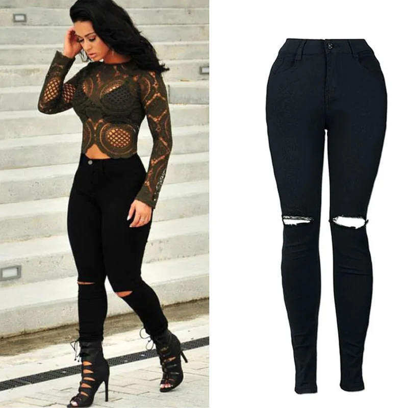 

Women Casual Denim stretch hole Jeans ladies High Elastic Push up Stretch Jeans Washed Denim Skinny Pencil Pants