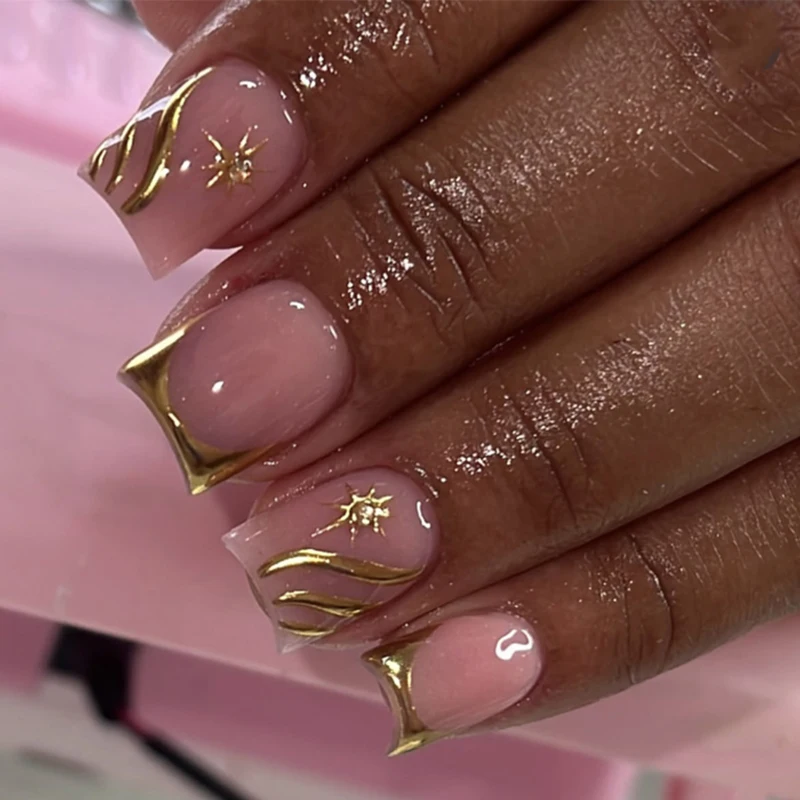 Wholesale 3919 Chic Pink and Gold Elegant Star and Wave Short Square False Nail Press on Nail Artificial Fingernails Customize