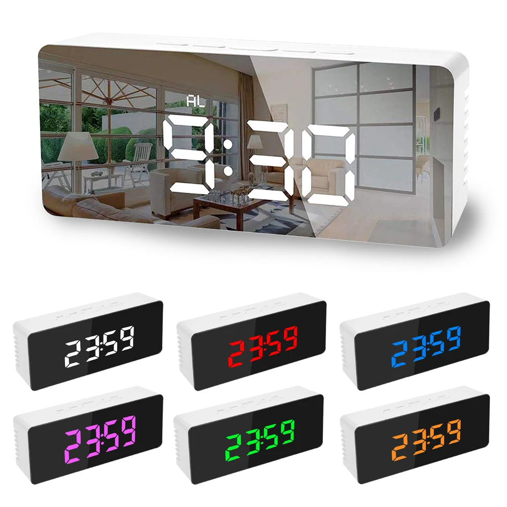 

Digital Mirror LED Display Alarm Clock Desk Clock Temperature Calendar Snooze Function with USB 1pcs, 5 colors