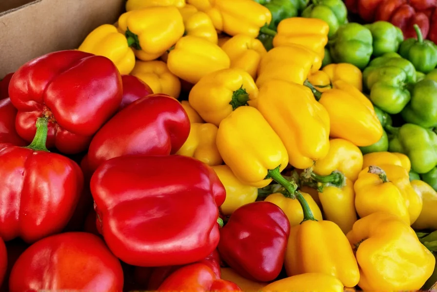 Colorful array of bell peppers in red, yellow, and green varieties displayed at a farmers market