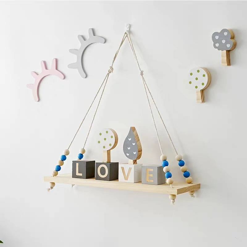 

Nordic Wall Hanging Floating Shelves Hanging Rope Display Stand Shelf Swing Wooden Floating Shelves Kids Room Home Decor, White or customized color