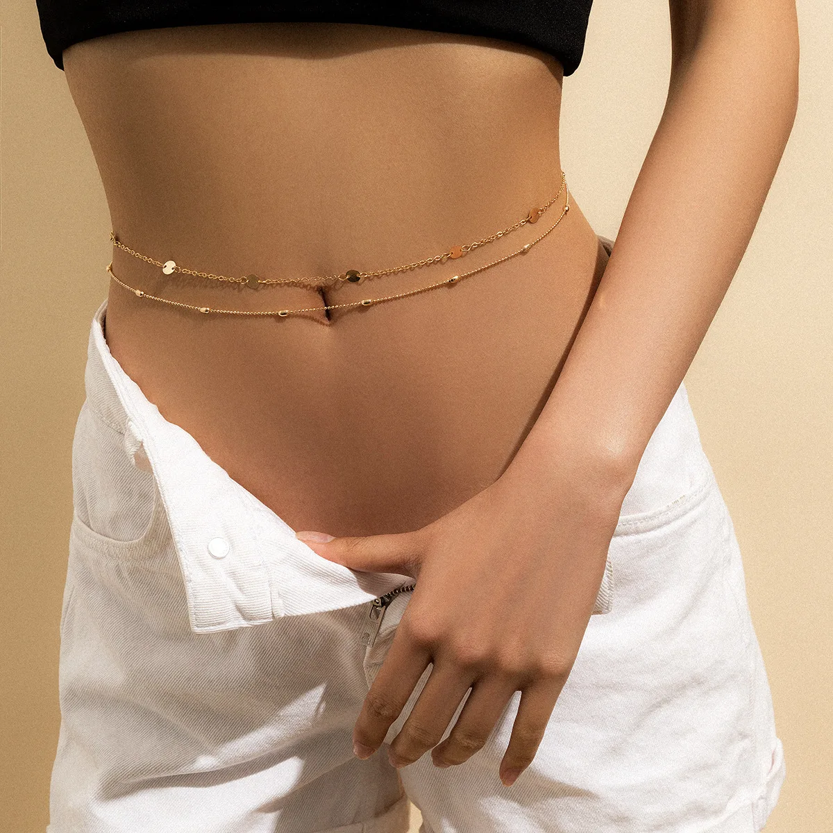 

WC-030 Boho Summer Beach Bikini Body Accessories Multi Double Layer Geometric Metal Waist Chain Sexy Belly Chain Jewelry, As show picture